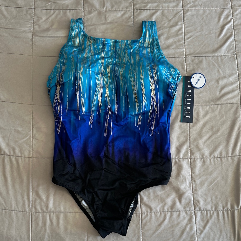 Longitude Blue and Black One-Piece Swimsuit with Gold Accents